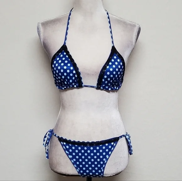90s Vintage OOAK Handmade Blue Polka-dot Black Lace Side-Tie Triangle Bikini S - Picture 3 of 16